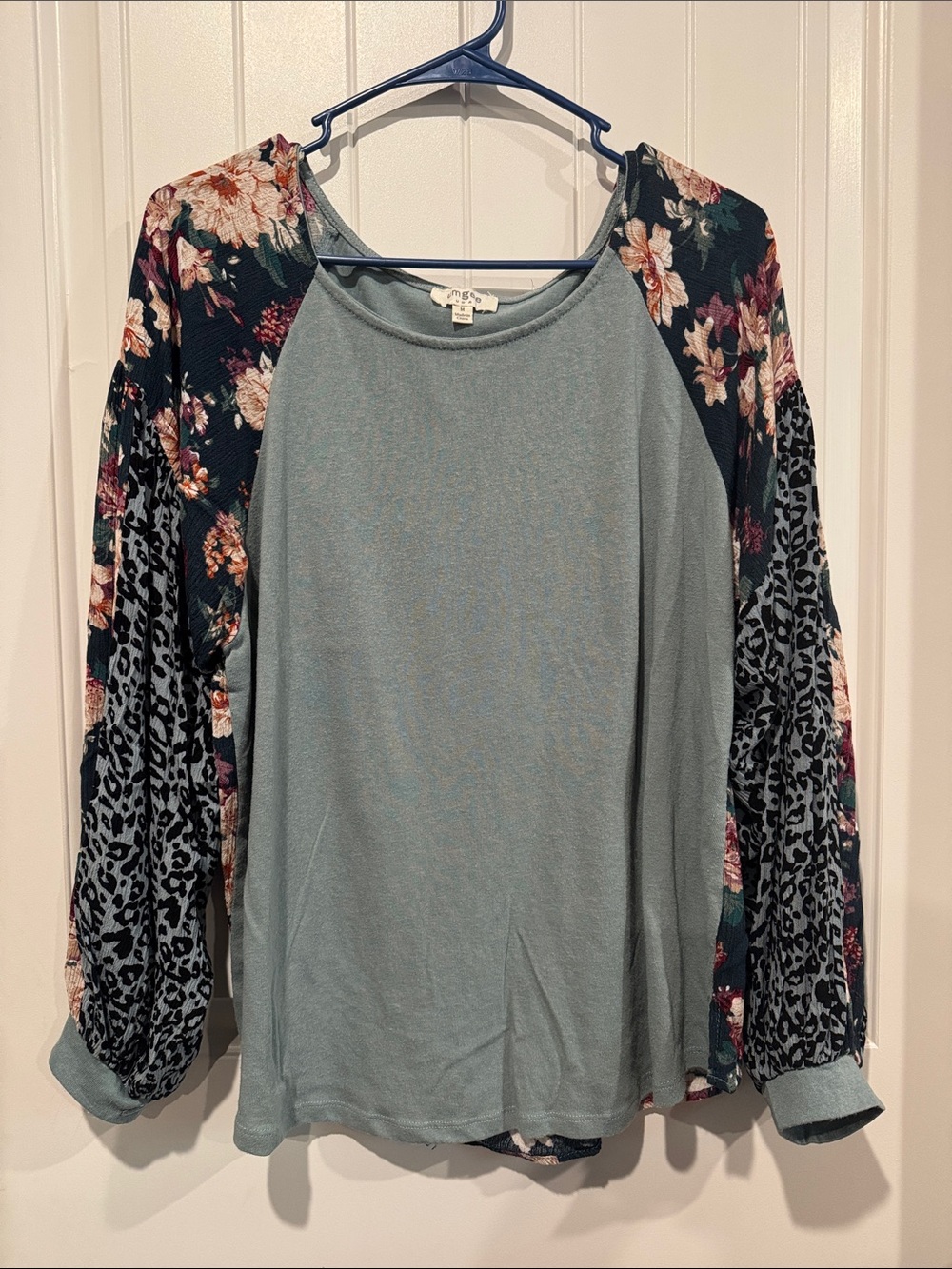 Mixed-Print Raglan Long Sleeve Top - Sage Green
